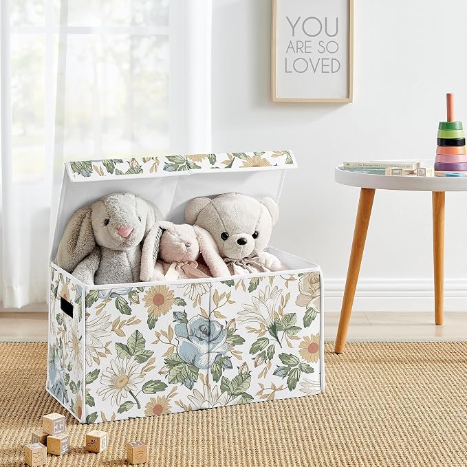 Sweet Jojo Designs Vintage Floral Blue Yellow Girl Small Fabric Toy Bin Storage Box Chest For Baby Nursery Kid Room Slate Green Gold Orange Taupe Beige Shabby Chic Rose Flower Boho Bohemian Farmhouse