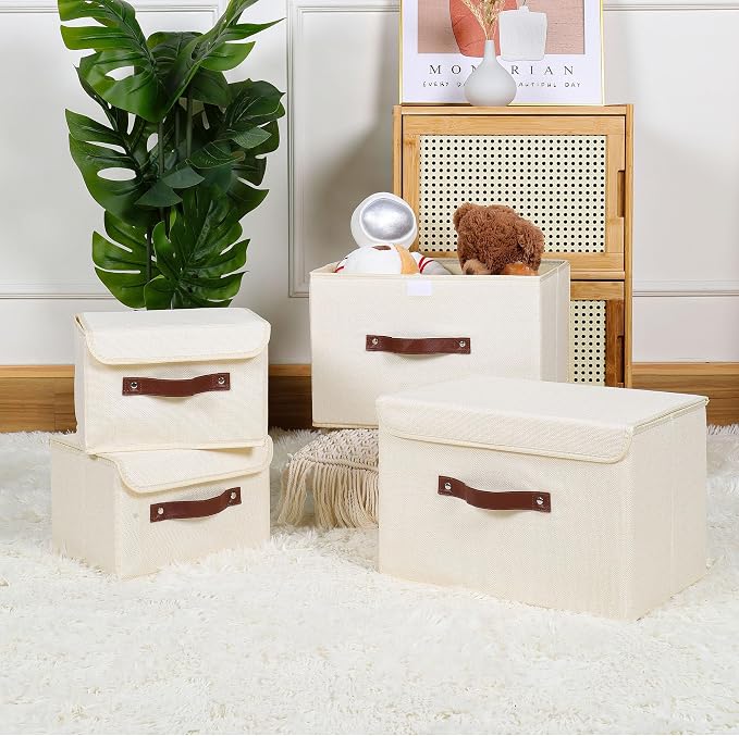 ANMINY 4PCS Storage Bin with Lid Storage Boxes with PU Leather Handles PP Plastic Board Decorative Foldable Lidded Cotton Linen Fabric Home Cubes Baskets Closet Organizer Container - Beige, Medium