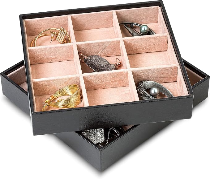 Glenor Co Jewelry Organizer Tray - Set of 2 - Stackable 18 Slots Jewelry Storage Trays - Display on Dresser or Drawer - Compatible with Other Trays - Black