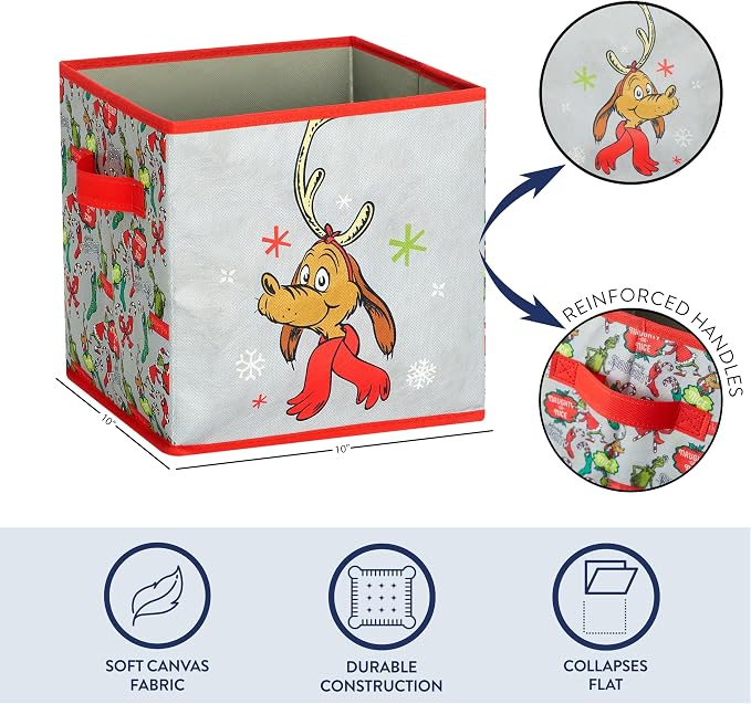 Idea Nuova Storage Cubes for Kids,2 Pack Collapsible Fabric Bins with Handles, Holiday Organizer Boxes for Bedroom, Playroom & Nursery, Festive Christmas Storage Baskets,Grinch Dr. Seuss