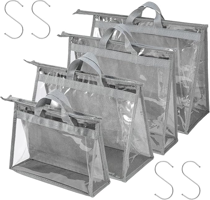 4 Pack Handbag Dust Bags Clear Purse Storage Organizer for Closet, Zipper Hanging Storage Bag for Handbags, Grey