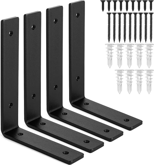 Heavy-Duty Shelf Brackets - Premium Construction Grade 1/4" (6mm) Thick Steel - Matte Black Iron Finish for Modern Farmhouse Rustic Open Shelving w/ Hardware, 4-Pack (L Bracket 8" x 6")