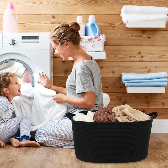 XUANGUO Large Rectangle Blankets Basket Living Room 22"x17"x12" Woven Cotton Rope Storage Baskets for Nursery Toy Baskets for Kids and Dogs Wicker Laundry Basket Bin for Clothes Towels black