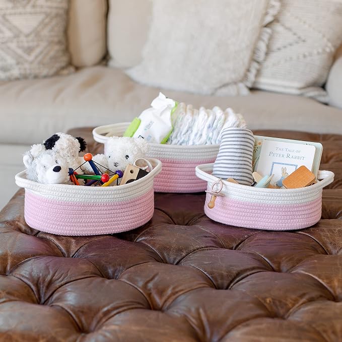 NaturalCozy 3-Piece Oval Storage Basket Set– Cotton Rope Woven Baskets for Storage, Gift Basket Empty, Toy Basket, Soft Baby Basket for Nursery, Cat Dog Toy Baskets, Small Basket (Off White & Pink)
