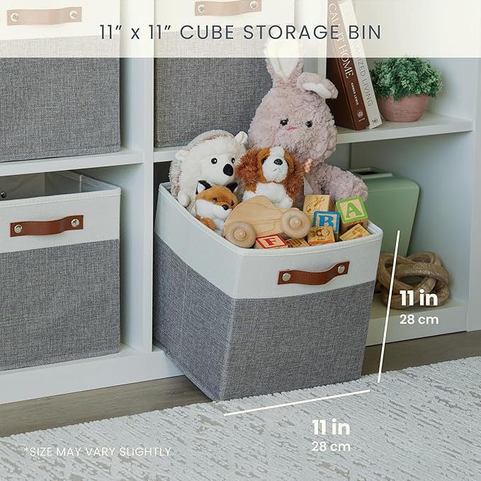 OrganiHaus 11x11 Cube Storage Bins, Set of 4 - Fabric Storage Cubes | Sturdy, holds its shape; odor-free; fits ClosetMaid 11-inch shelves; vegan leather handles