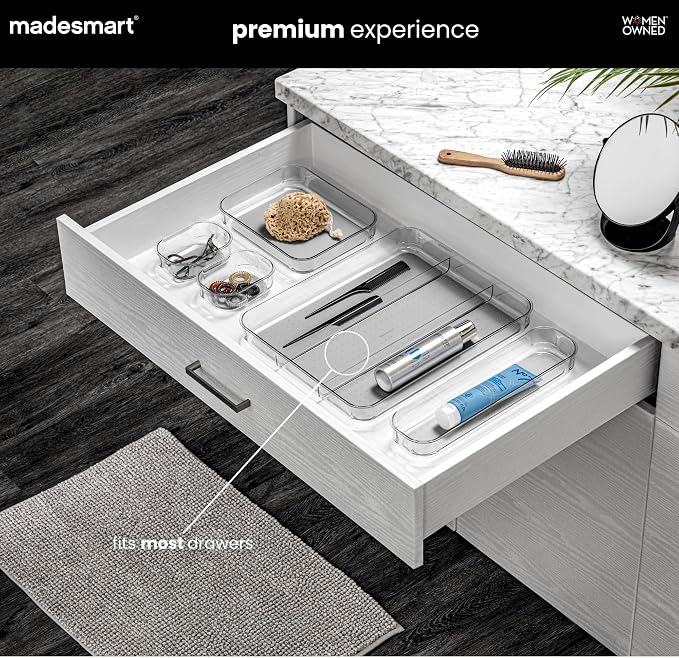 madesmart Premium 3 Compartment Clear Drawer Organizer, Multi-Purpose Storage with Soft Grip Lining & Non Slip Base, Grey