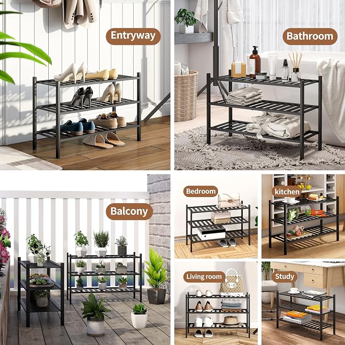 Bamboo Shoe Rack Stackable Shoe Shelf Storage Organizer for Unit Entryway Hallway and Closet Sturdy Freestanding Shoe Shelf(3 Tier Black)