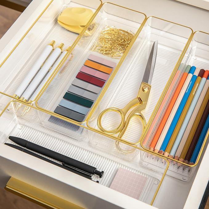 Martha Stewart Kerry Plastic Stackable Office Desk Drawer Organizers, 12" x 3", 6 Pack, with Gold Trim