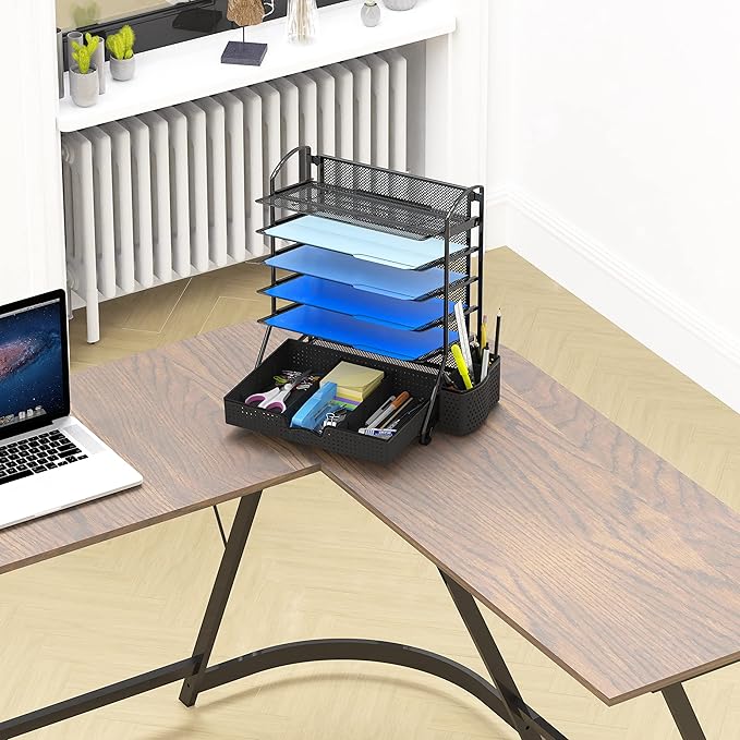 Simple Houseware 6-Tier Desk File Organizer w/Drawer & Pen Holder, Black | 5 Tilted Letter Trays for A4 Paper, Mail and Documents