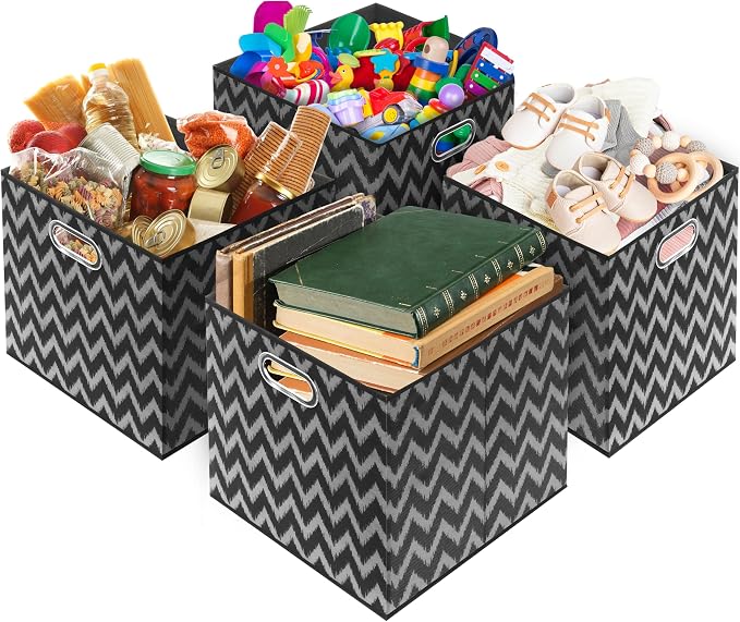 Simple Houseware 13-Inch Collapsible Fabric Cube Storage Bin with Handles, Printed Design, 3 Pack, Black