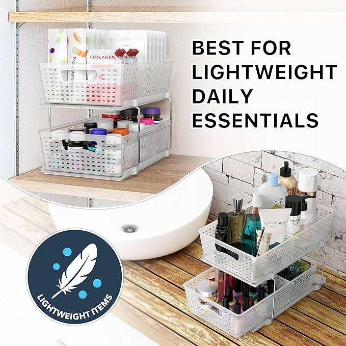 Simple Houseware 2 Tier Pull-Out Sliding Drawer Under Sink Storage, Clear | Great for Kitchen Bathroom Tray Shelf Organizer
