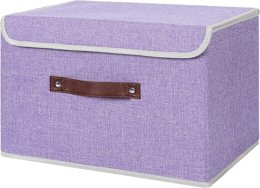ANMINY Storage Bin with Lid Storage Boxes with PU Leather Handles PP Plastic Board Decorative Foldable Lidded Cotton Linen Fabric Home Cubes Baskets Closet Organizer Container - Purple, Large Size