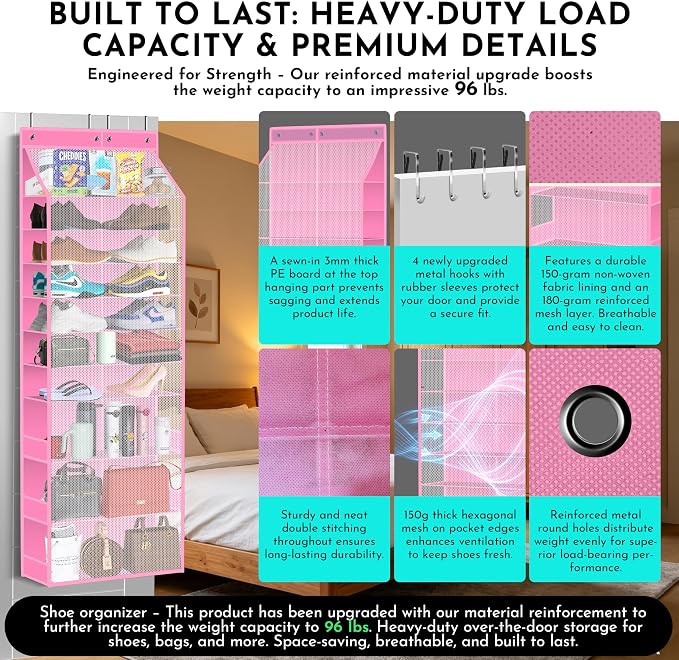 PAULONE Over the Door Organizer Heavy Duty – 96 Lbs Capacity 20 Pair Shoe Rack with Multi-Size Pockets Fits Tall Boots up to 11.8", Breathable Mesh, Metal Hooks – Also for Bags, Toys, Toiletries