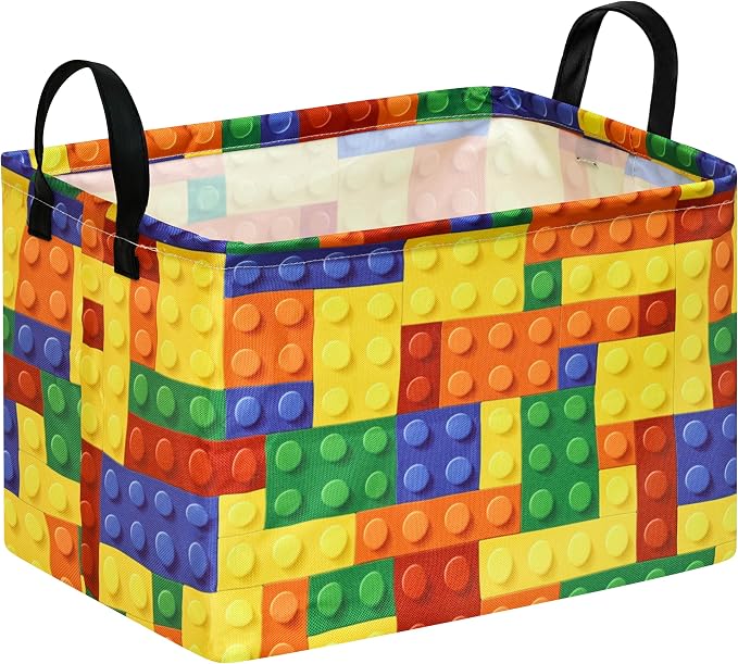 Colorful Building Blocks Print Storage Basket, Waterproof Lining Organizer Bins, Leather Handles, Collapsible for Kids Toys, Clothes, Laundry, Gift Basket