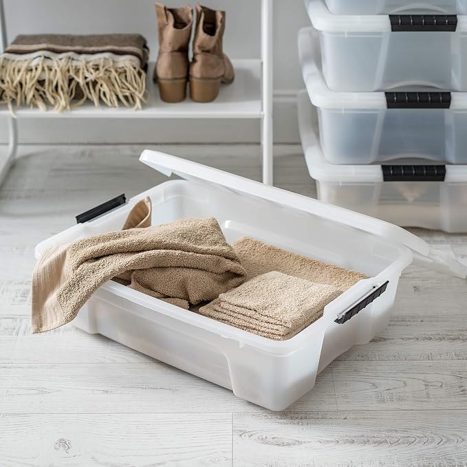 IRIS USA 27 Qt Stackable Plastic Storage Bins with Lids, 6 Pack - BPA-Free, Made in USA - Discreet Organizing Solution, Latches, Durable Nestable Containers, Secure Pull Handle - Pearl