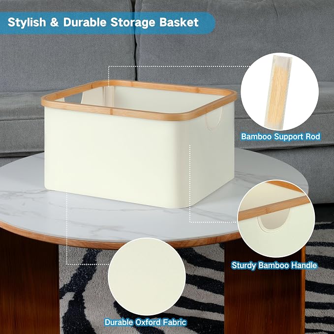 efluky Storage Baskets for Organizing, Fabric Storage Bins with Bamboo Handles, Collapsible Storage Baskets for Shelves and Closet, Beige Set of 2