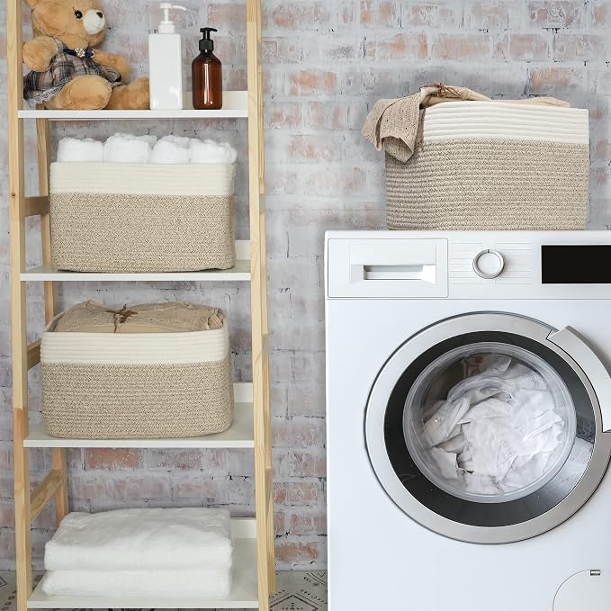 Cotton Rope storage Basket Bins Woven Basket for Organizing Shelves 15X10X9.3" Rectangle Decorative Baskets For storage Clothes Toys Books Towels Nursery basket organizer 3 pack white and brown