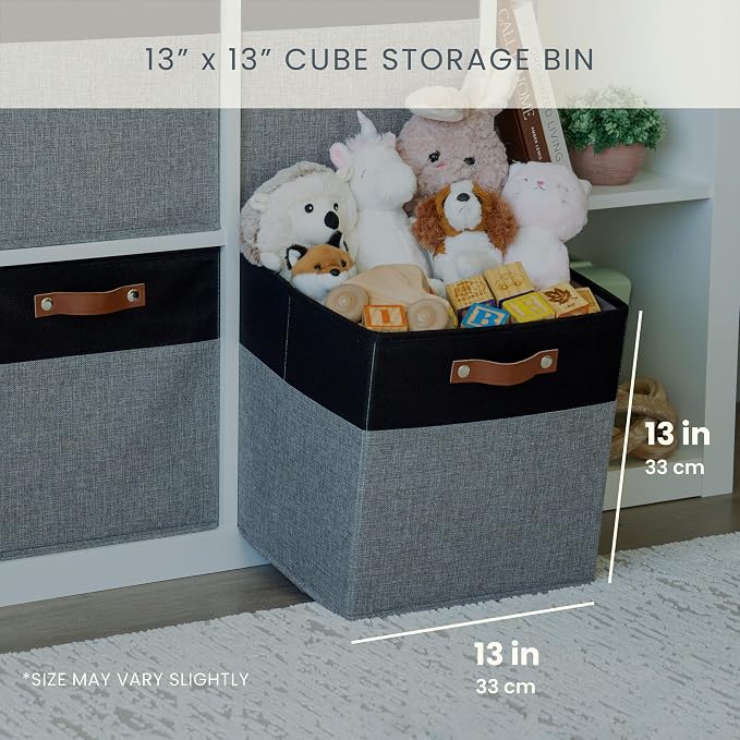 OrganiHaus 13x13 Cube Storage Bins, Set of 4 - Fabric Storage Cubes | Sturdy, holds its shape; odor-free; fits IKEA Kallax and Expedit; vegan leather handles