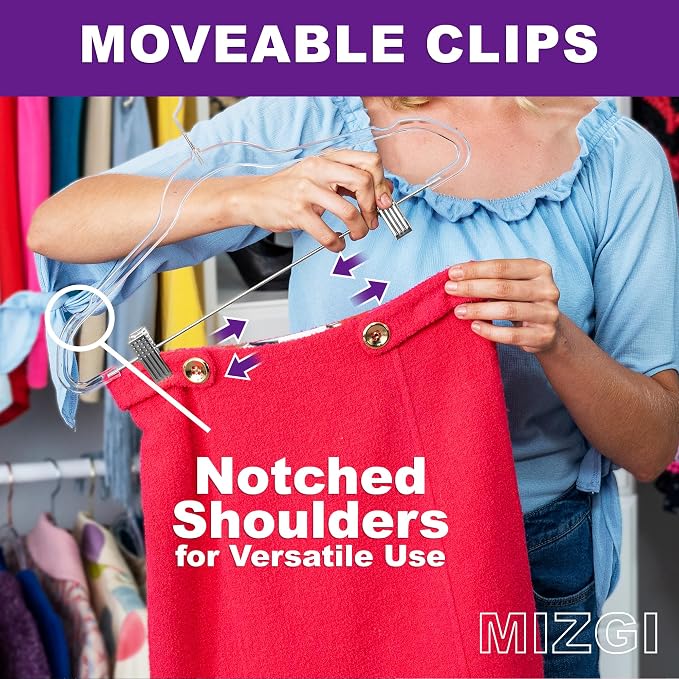 MIZGI Slim Clear Chrome Pants & Skirt Hangers (20 Pack) – Adjustable Clips & Hooks, Transparent Non-Felt, Space-Saving for Dresses, Shirts, Blouses