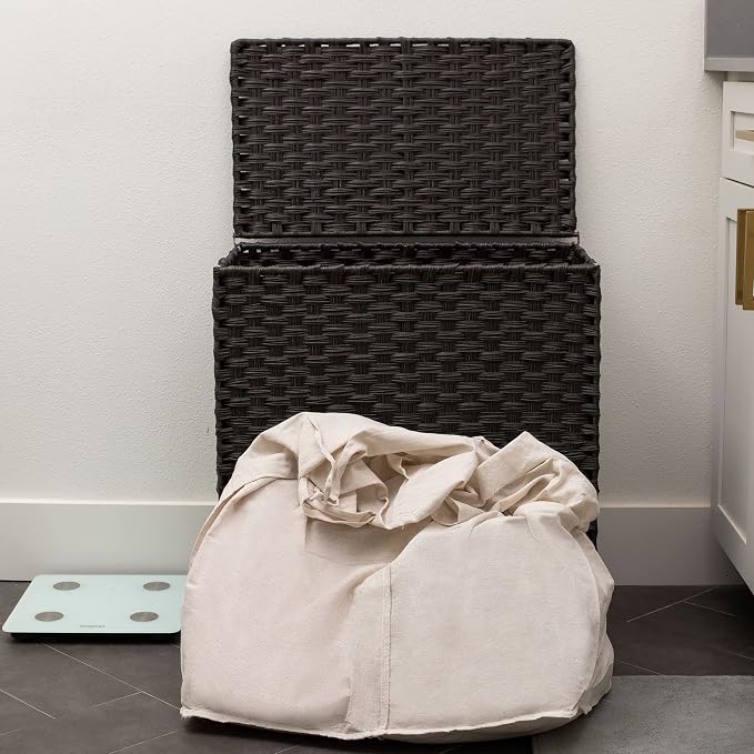 BIRDROCK HOME Divided Laundry Hamper with Lid - Brown - Double Sorter with Liner Bags - Large Collapsible Hampers - Foldable Bin - Synthetic PE Rattan - Hand Woven - Clothes Basket
