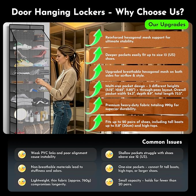 PAULONE Over the Door Organizer Heavy Duty – 96 Lbs Capacity 20 Pair Shoe Rack with Multi-Size Pockets Fits Tall Boots up to 11.8", Breathable Mesh, Metal Hooks – Also for Bags, Toys, Toiletries