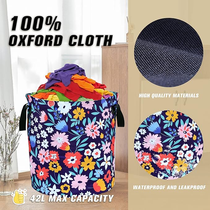 Folk Floral Art Laundry Basket Beautiful Flowers Foldable Oxford Cloth Funny Tote Bag Laundry Hamper Clothes Storage Bucket Organizer For Bathroom/Laundry Storage/Bedroom 18.9x16.5 Inch