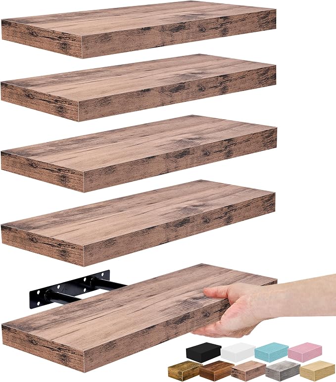 Sorbus Floating Shelves for Wall – 16 Inch Floating Shelf for Kitchen, Bedroom, Living Room, Bathroom, Home & Wall Decor - Mounted Bathroom Shelves with Invisible Brackets (Mahogany, 5 Pack)