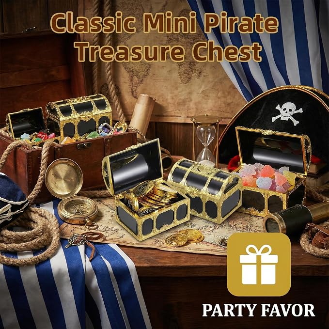 DECHOUS 12Pcs Kids Pirate Treasure Chest Box: Mini Treasure Box for Boys & Girls - Small Plastic Pirate Chest Toy for Party Favor Birthday Theme Decoration, 3 Inch