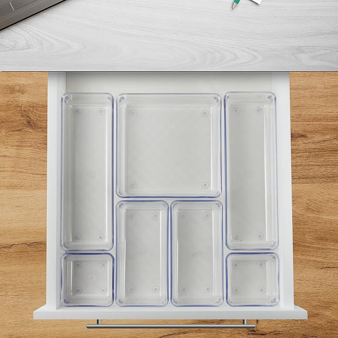 Acrimet 7 Pack Drawer Organizer Modular, Box Tray Storage Bins for Office, Home, Makeup, Kitchen, Junk Drawer (7 Units - 4 Sizes) (Clear Crystal Plastic) | Assorted Sizes for organizing drawers, countertops and cabinets