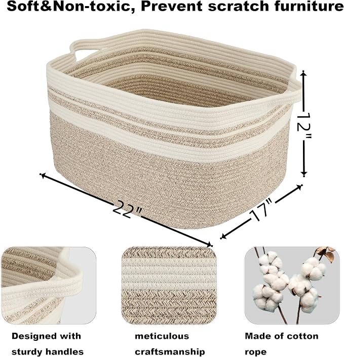 XUANGUO Large Rectangle Blankets Basket Living Room 22"x17"x12" Woven Cotton Rope Storage Baskets for Nursery Toy Baskets for Kids Wicker Laundry Basket Bin for Clothes Towels white brown