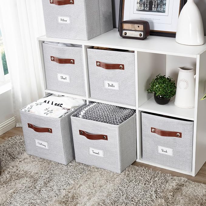 DECOMOMO Storage Bins, Cube Storage Bin with Labels | 10.5" x 11" Fabric Storage Cubes for Shelves (6pcs, Light Texture Grey)