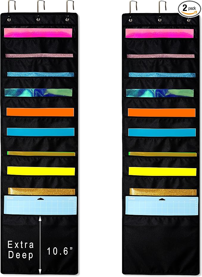 Hanging Organizer, 12x12 Paper Storage, Deep Pocket Vinyl Holder, for Cardstock, Scrapbook, Craft Paper, Cut Mat, 6 Door Hooks Included, 2-Pack