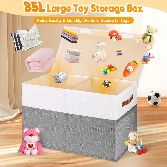 Mabahoo Large Toy Box, Collapsible Sturdy Storage Chest With Lids, Kids Toy Chest Storage Organizer Toddler Bin Boxes for Living Room, Bedroom, Nursery, 25"x13"x16", White & Gray