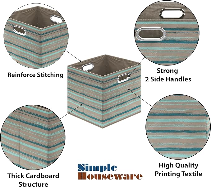 Simple Houseware 13-Inch Collapsible Fabric Cube Storage Bin with Handles, Printed Design, 3 Pack, Green