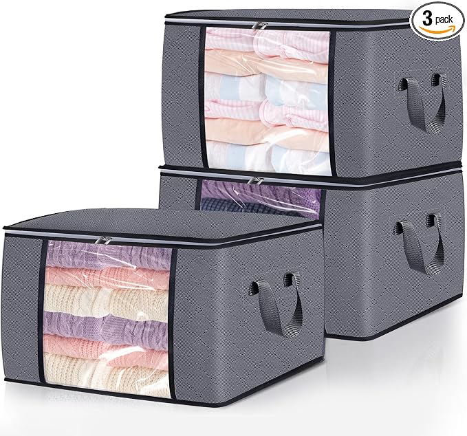 3 Pack Clothes Storage Bags, 90L Large Blanket Storage Bag Comforter Storage Bin with Reinforced Handle and Lid Foldable Closet Organizer and Storage Containers for Bedding Pillows Sheets and Duvet