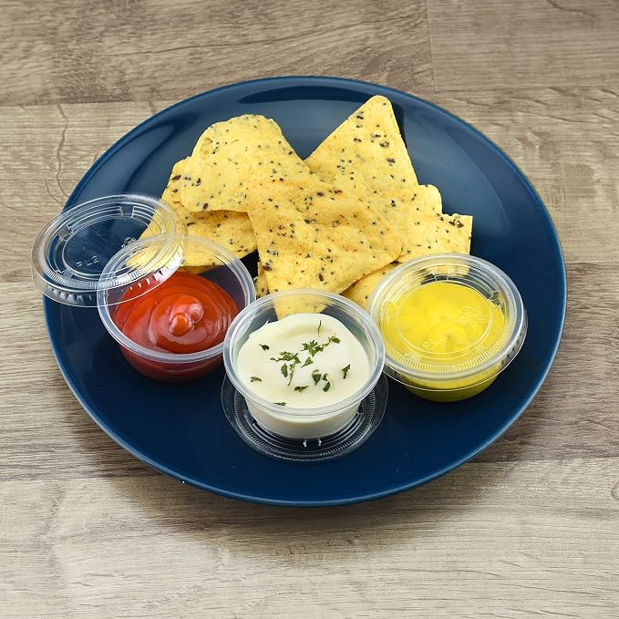 NYHI 100 Pack 2 oz Small Clear Plastic Cups Disposable Jello Shots with Snap on Leak Proof Lids Small Shot Cups Food Storage Containers for Party Portion Control Sauces Spices Liquid Dip