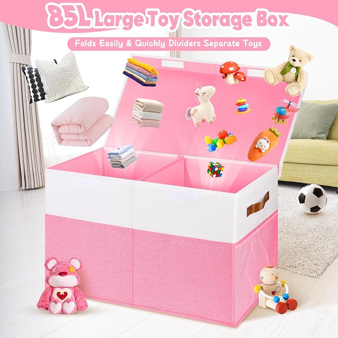 Mabahoo Large Toy Box, Collapsible Sturdy Storage Organize Chest Boxes With Lids, 25"x13"x16" Kids Toy Chest Bin Baskets for Living Room, Bedroom, Nursery, White & Pink