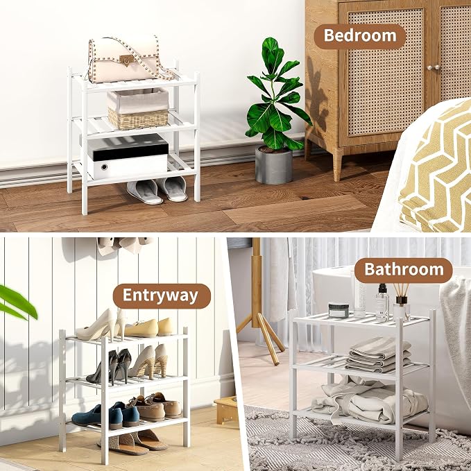 Bamboo Shoe Rack Stackable Shoe Shelf Storage Organizer for Unit Entryway Hallway and Closet Sturdy Freestanding Small Shoe Shelf(3S Tier White)
