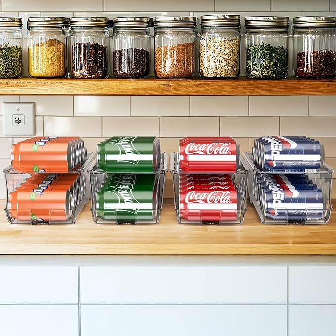 Simple Houseware 4-Pack Auto-Rolling Beverage Can Organizer for Fridge | Clear, Set of 4, Front-Loading Soda Dispenser with Smooth Glide Design, Space-Saving Refrigerator Storage Bins