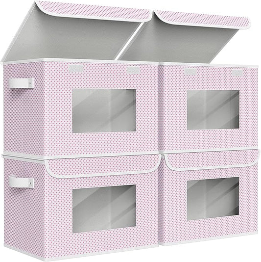 Univivi Fabric Foldable Storage Boxes [4-Pack] Large Collapsible Stackable Storage Bins with Lids, Closet Organizers and Storage Cube Basket for Home, Office, Bedroom (Pink, 17”x 12” x 12”)