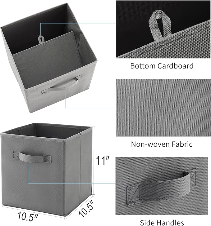 MAX Houser 6 Pack Foldable Fabric Storage Bins with Handles - Ideal for Closet Organization, Bedroom (Grey, 10.5"x10.5"x11")