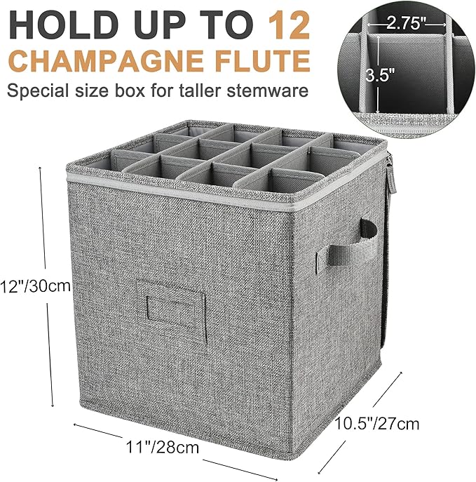 LotFancy Champagne Flute Storage Container, Hard Shell, Stackable, 12" Tall Wine Glass Storage Box with Dividers & Handles, Stemware, Crystal Glassware, Drinkware Case for Moving, Grey