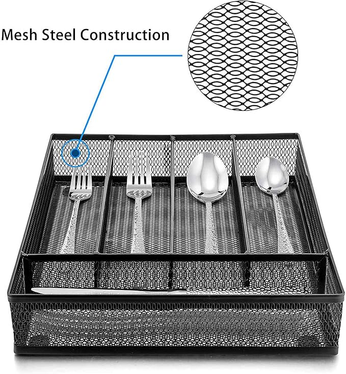 LIANYU Silverware Utensil Drawer Organizer, 5 Compartments Steel Mesh Cutlery Flatware Tray with Foam Feet, 9 1/4" W x 12 1/2" L x 2" H, Black
