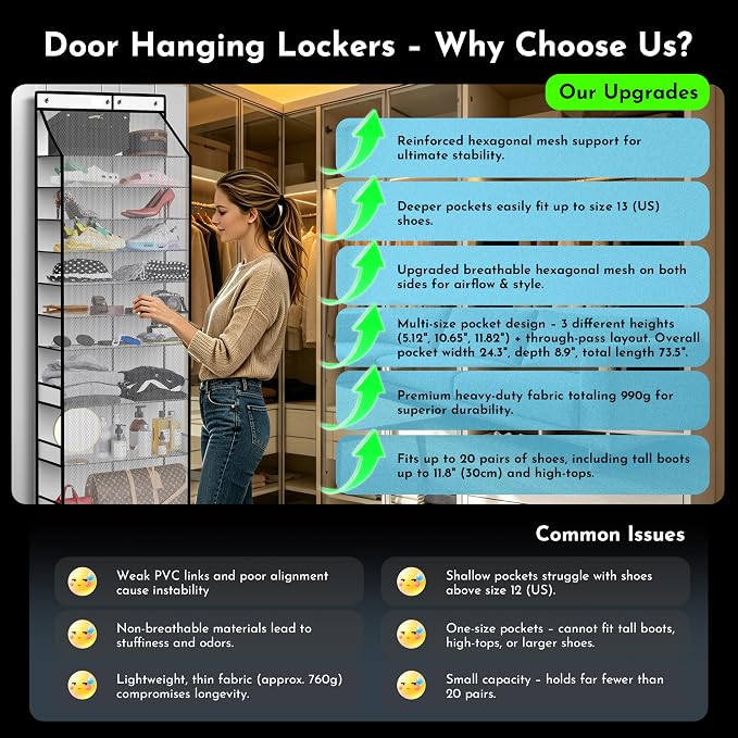 PAULONE Over the Door Organizer Heavy Duty – 96 Lbs Capacity 20 Pair Shoe Rack with Multi-Size Pockets Fits Tall Boots up to 11.8", Breathable Mesh, Metal Hooks – Also for Bags, Toys, Toiletries