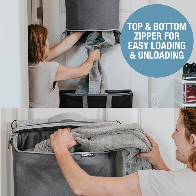 CleverMade Convertible Hanging Laundry Hamper, 21.5L, Over-the-Door, Stone | Bottom zipper, removable carry strap and door hooks simplify unloading and hauling in dorms, bedrooms, bathrooms and RVs