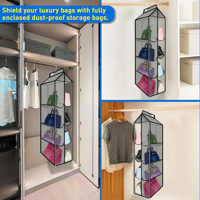 Purse Organizer for Closet, with Zippered-Dustproof, Purse Organizer, Designed for Oversized Wallets & Holds 8-16 Purses, organizador de carteras de Mujer,Grey-Purse Hanger Closet