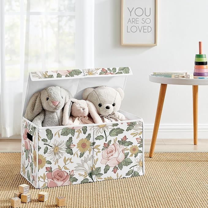 Sweet Jojo Designs Vintage Floral Boho Girl Small Fabric Toy Bin Storage Box Chest for Baby Nursery or Kids Room - Blush Pink, Yellow and Green Shabby Chic Rose Flower Farmhouse