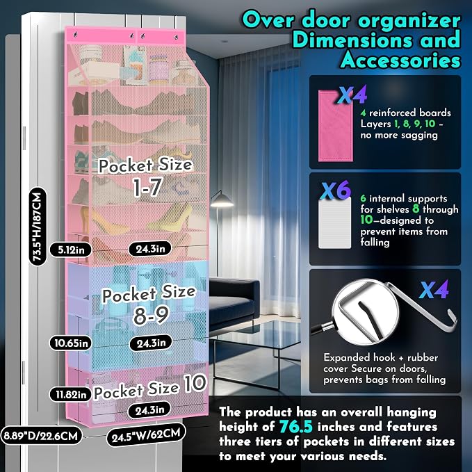 PAULONE Over the Door Organizer Heavy Duty – 96 Lbs Capacity 20 Pair Shoe Rack with Multi-Size Pockets Fits Tall Boots up to 11.8", Breathable Mesh, Metal Hooks – Also for Bags, Toys, Toiletries