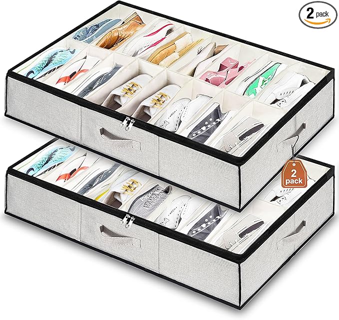homyfort Shoe Storage Organizer Under Bed, 2 Pack Fits 32 Pairs, Extra Large Shoe Container, Breathable Fabric Underbed Storage for Sneakers, Slippers, Closet, Grey
