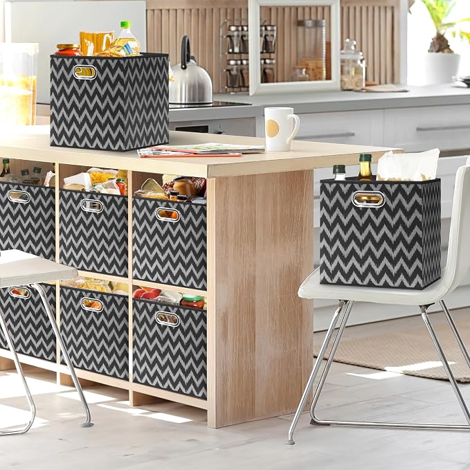 Simple Houseware 13-Inch Collapsible Fabric Cube Storage Bin with Handles, Printed Design, 3 Pack, Black